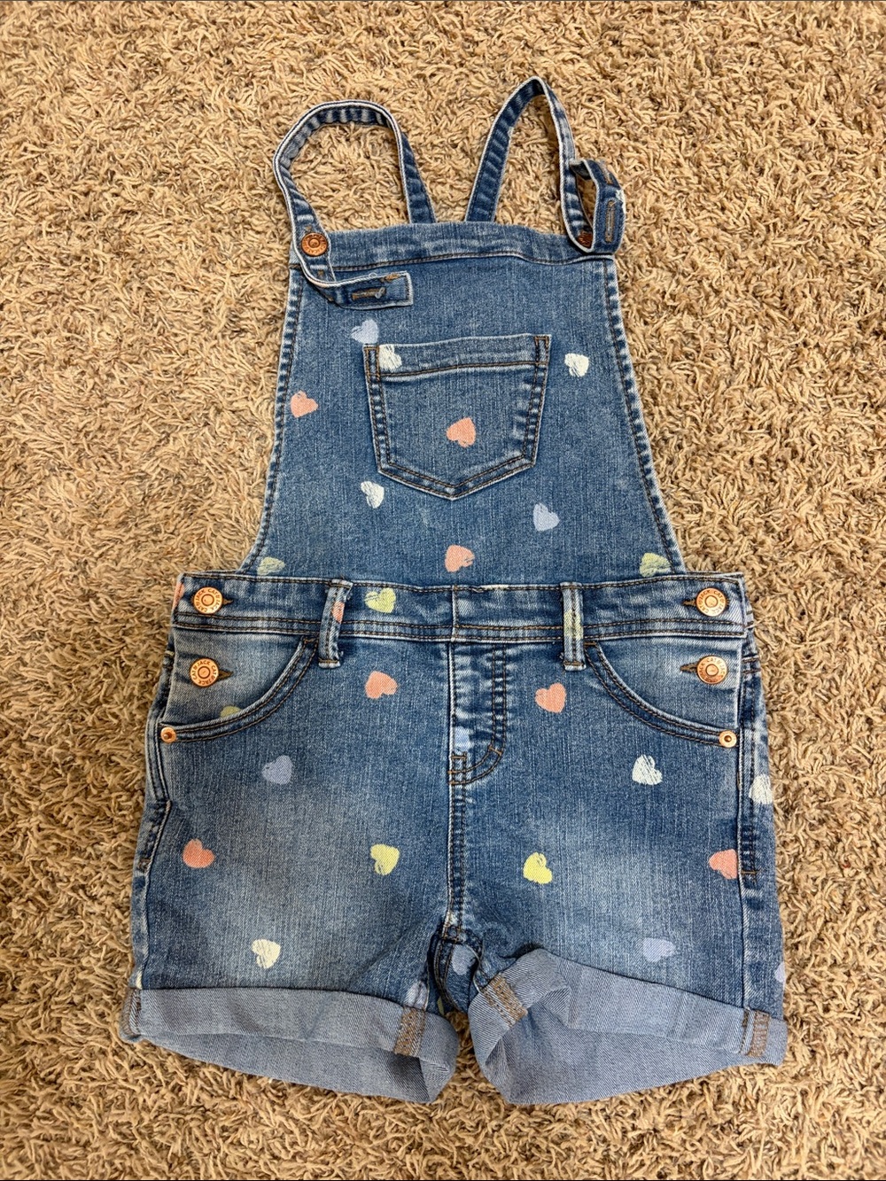 Kids Denim Short Overalls with Pastel Heart Print